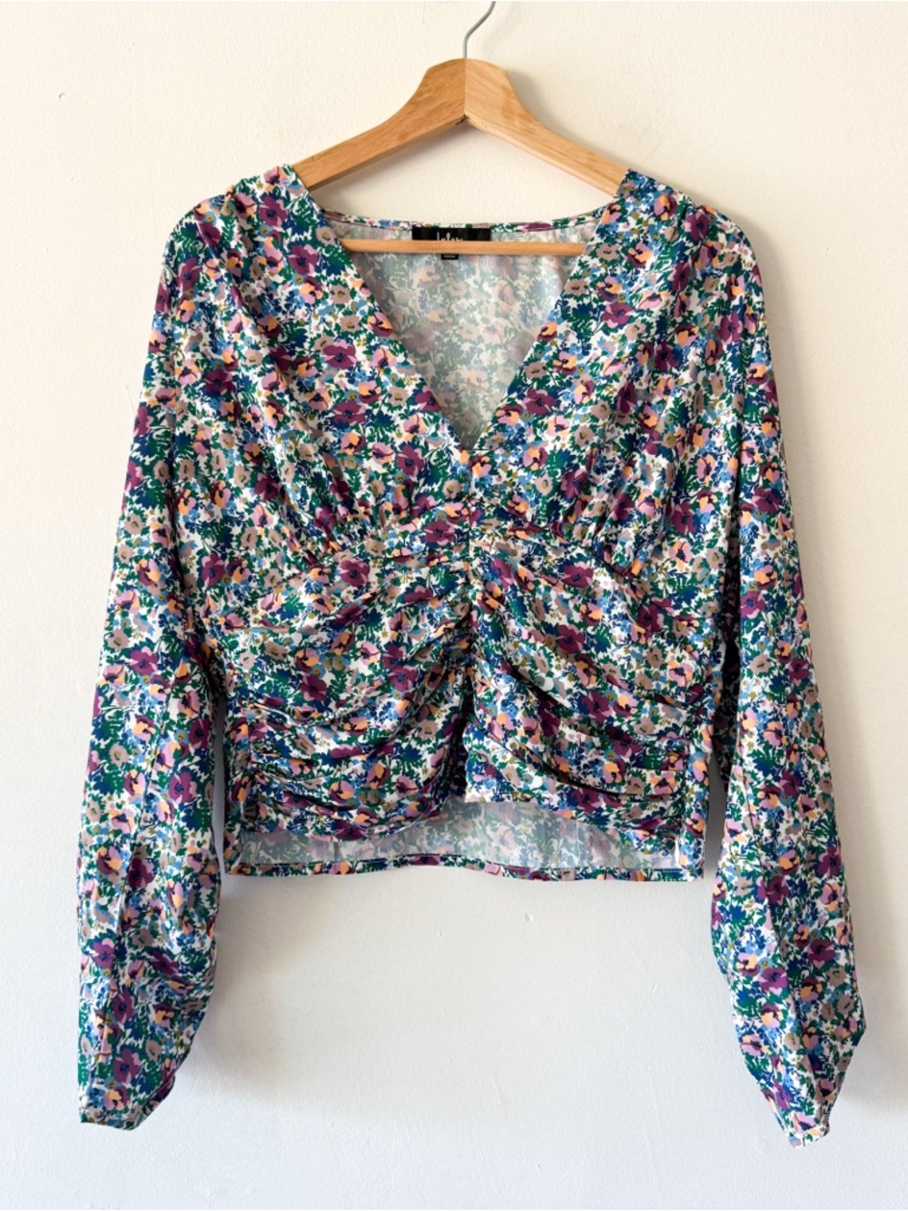 Lulus Floral V-Neck‎ Twist Front Blouse Purple Multicolor Size L